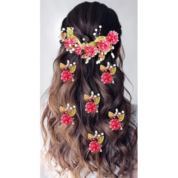 Peach_Artificial_Flower_With_Golden_Leaves_And_Pearls_Hair_Vein_And_Hair_Pin_Set_(Combo_Of_7_Hair_Pins)