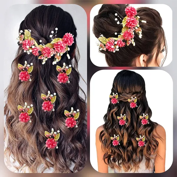 Peach_Artificial_Flower_With_Golden_Leaves_And_Pearls_Hair_Vein_And_Hair_Pin_Set_(Combo_Of_7_Hair_Pins)