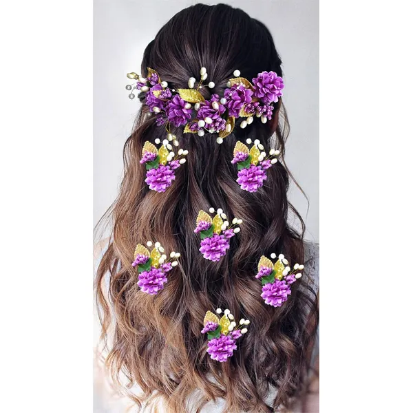 Purple_Artificial_Flower_With_Golden_Leaves_And_Pearls_Hair_Vein_And_Hair_Pin_Set_(Combo_Of_7_Hair_Pins)