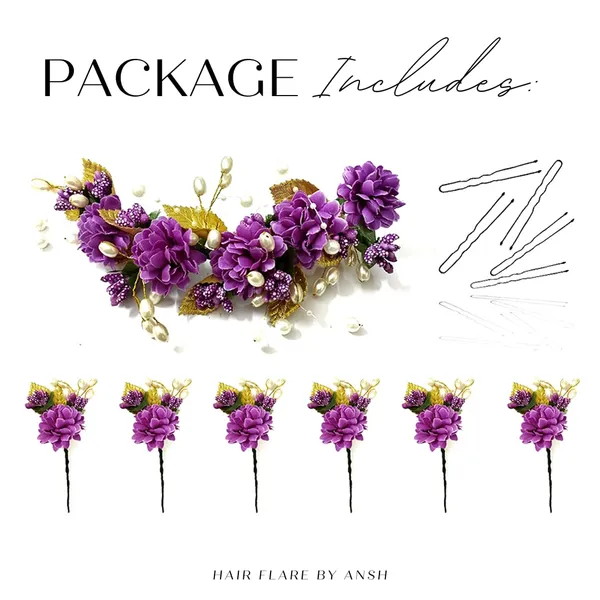 Purple_Artificial_Flower_With_Golden_Leaves_And_Pearls_Hair_Vein_And_Hair_Pin_Set_(Combo_Of_7_Hair_Pins)