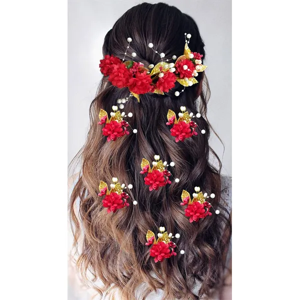 Red_Artificial_Flower_With_Golden_Leaves_And_Pearls_Hair_Vein_And_Hair_Pin_Set_(Combo_Of_7_Hair_Pins)