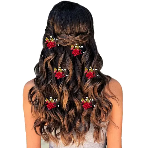 Red_Artificial_Flower_With_Golden_Leaves_And_Pearls_Hair_Vein_And_Hair_Pin_Set_(Combo_Of_7_Hair_Pins)