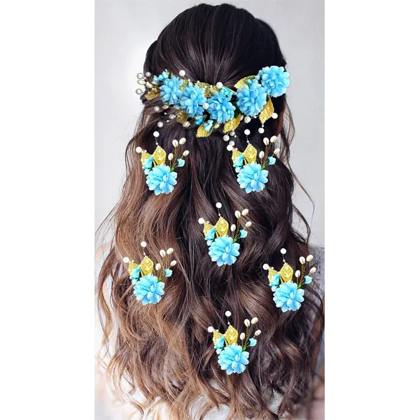 Sky_Blue_Artificial_Flower_With_Golden_Leaves_And_Pearls_Hair_Vein_And_Hair_Pin_Set_(Combo_Of_7_Hair_Pins)