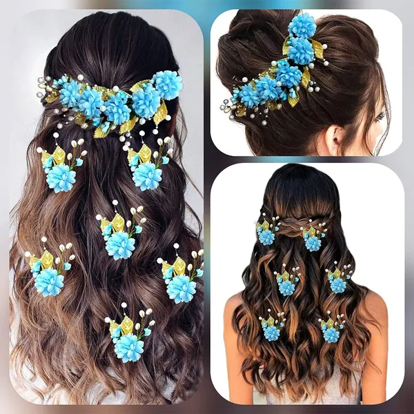 Sky_Blue_Artificial_Flower_With_Golden_Leaves_And_Pearls_Hair_Vein_And_Hair_Pin_Set_(Combo_Of_7_Hair_Pins)
