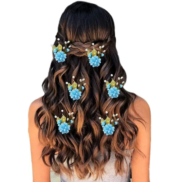 Sky_Blue_Artificial_Flower_With_Golden_Leaves_And_Pearls_Hair_Vein_And_Hair_Pin_Set_(Combo_Of_7_Hair_Pins)