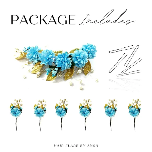 Sky_Blue_Artificial_Flower_With_Golden_Leaves_And_Pearls_Hair_Vein_And_Hair_Pin_Set_(Combo_Of_7_Hair_Pins)