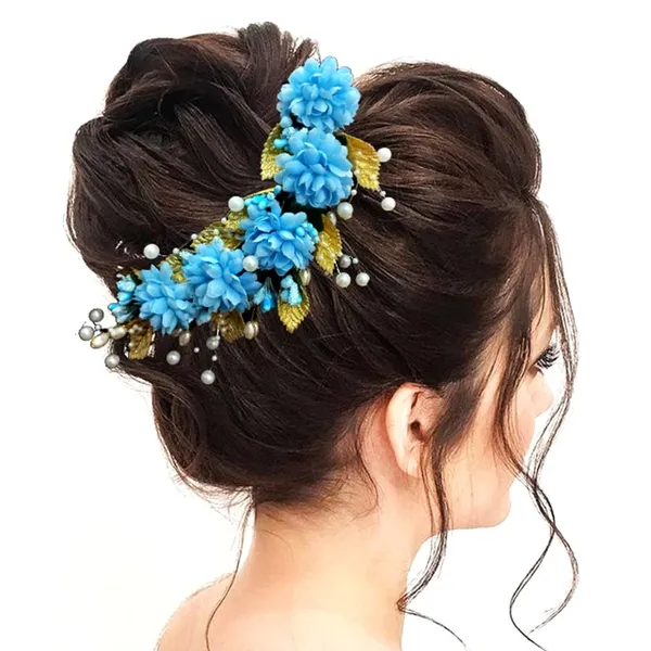Sky_Blue_Artificial_Flower_With_Golden_Leaves_And_Pearls_Hair_Vein_And_Hair_Pin_Set_(Combo_Of_7_Hair_Pins)