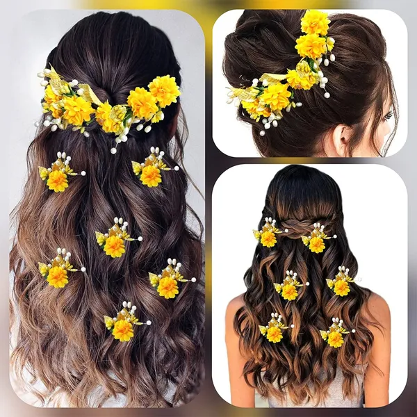 Yellow_Artificial_Flower_With_Golden_Leaves_And_Pearls_Hair_Vein_And_Hair_Pin_Set_(Combo_Of_7_Hair_Pins)