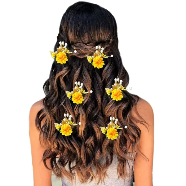 Yellow_Artificial_Flower_With_Golden_Leaves_And_Pearls_Hair_Vein_And_Hair_Pin_Set_(Combo_Of_7_Hair_Pins)