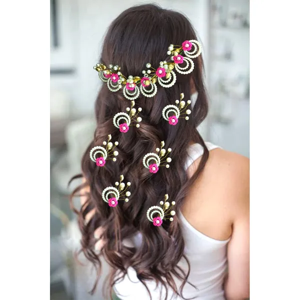 Dark_Pink_Artificial_Metal_Flower_With_Pearls_Made_Hair_Pin_(Set_Of_9_Pins)
