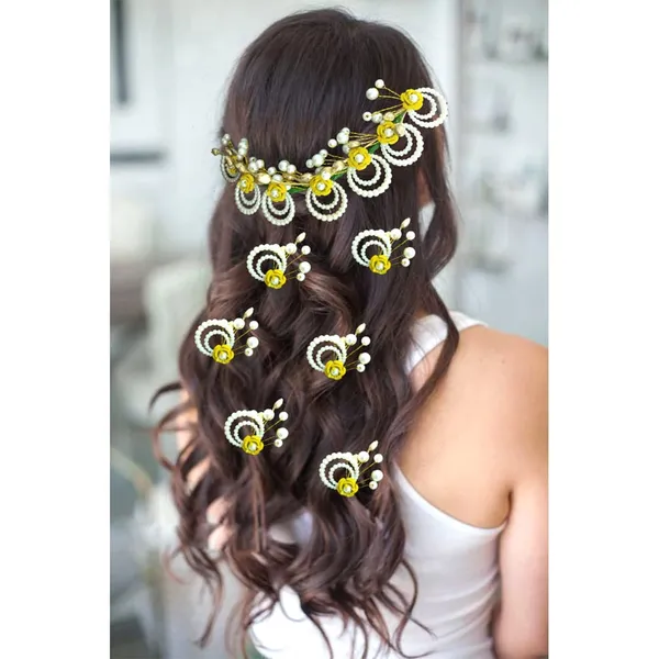 Golden_Artificial_Metal_Flower_With_Pearls_Made_Hair_Pin_(Set_Of_9_Pins)