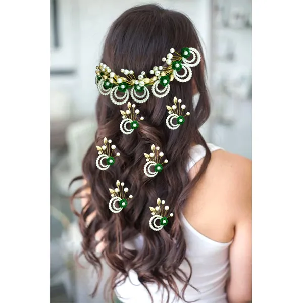 Green_Artificial_Metal_Flower_With_Pearls_Made_Hair_Pin_(Set_Of_9_Pins)