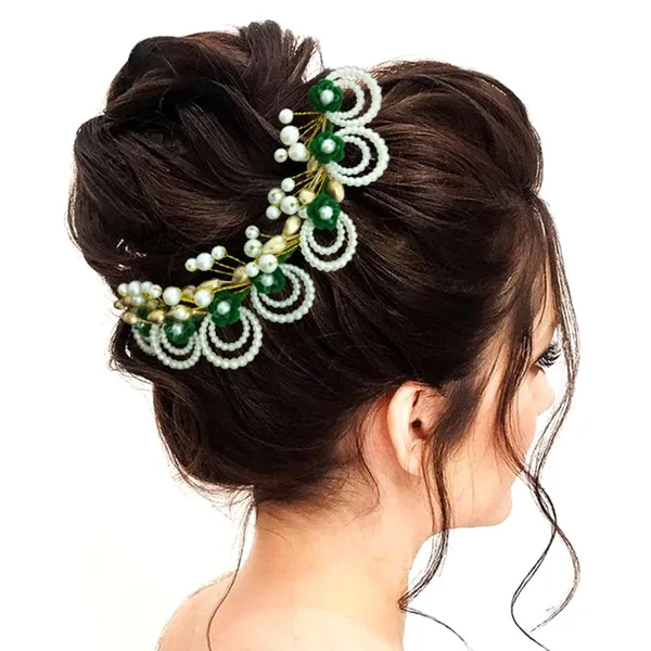 Green_Artificial_Metal_Flower_With_Pearls_Made_Hair_Pin_(Set_Of_9_Pins)
