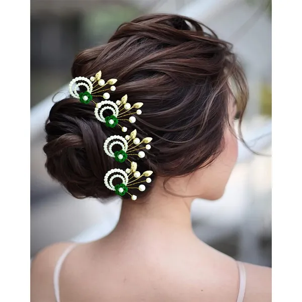 Green_Artificial_Metal_Flower_With_Pearls_Made_Hair_Pin_(Set_Of_9_Pins)