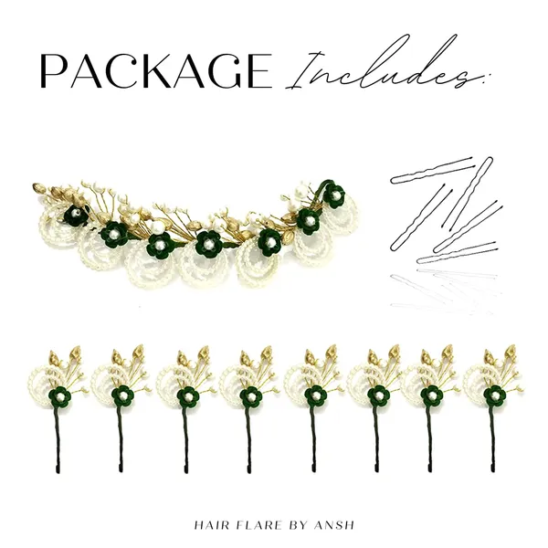 Green_Artificial_Metal_Flower_With_Pearls_Made_Hair_Pin_(Set_Of_9_Pins)