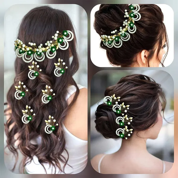 Green_Artificial_Metal_Flower_With_Pearls_Made_Hair_Pin_(Set_Of_9_Pins)
