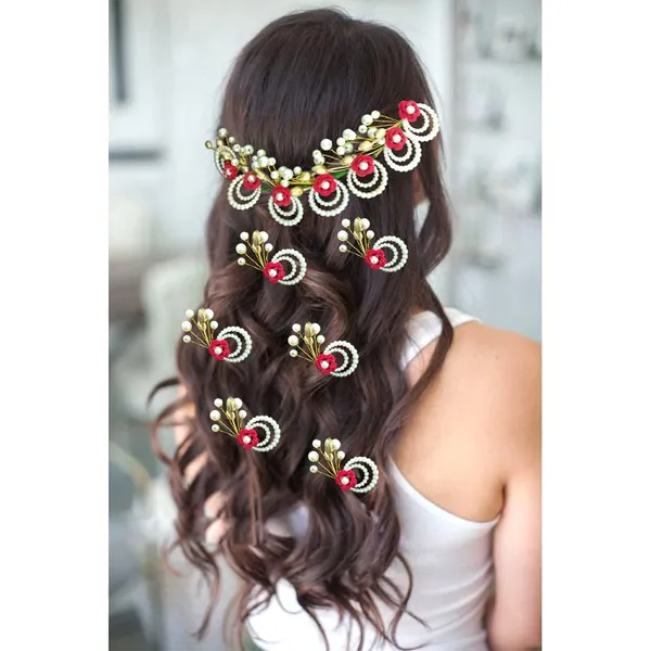 Red_Artificial_Metal_Flower_With_Pearls_Made_Hair_Pin_(Set_Of_9_Pins)