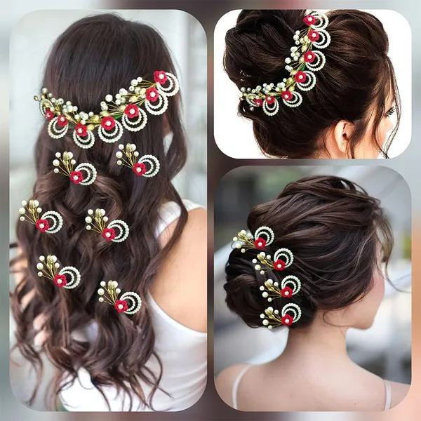 Red_Artificial_Metal_Flower_With_Pearls_Made_Hair_Pin_(Set_Of_9_Pins)