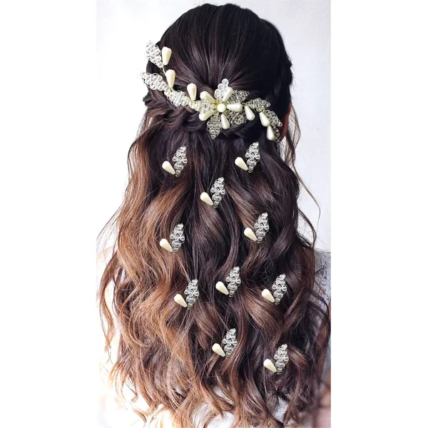 2493-2531_White_Small_Crystal_And_Mini_Pearl_Hair_Clips_With_Flower_Design_For_Women_&_Girls