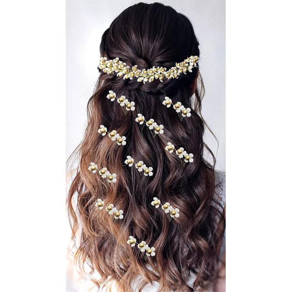 White_&_Golden_Artificial_Metal_Flowers_With_Pearls_Designed_Hair_Pin_Accessories_For_Women_&_Girls