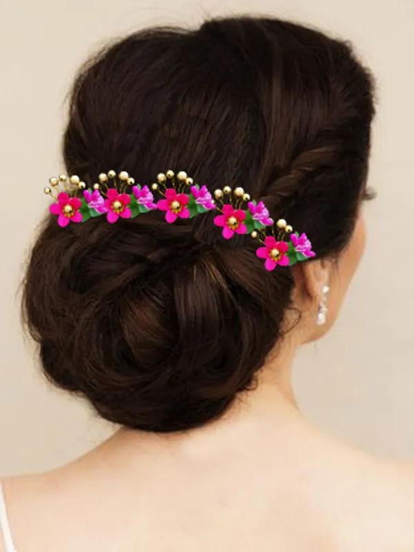 Pack_of_10_Dark_Pink_Round_Shape_Flower_With_Golden_Pearl_Hair_Pin_For_Women_Pins