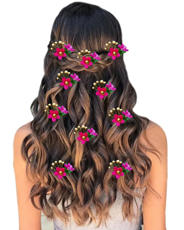 Pack_of_10_Dark_Pink_Round_Shape_Flower_With_Golden_Pearl_Hair_Pin_For_Women_Pins