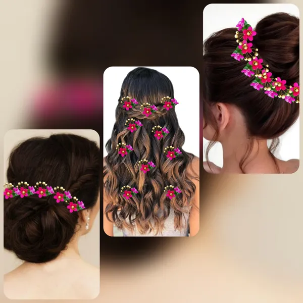 Pack_of_10_Dark_Pink_Round_Shape_Flower_With_Golden_Pearl_Hair_Pin_For_Women_Pins