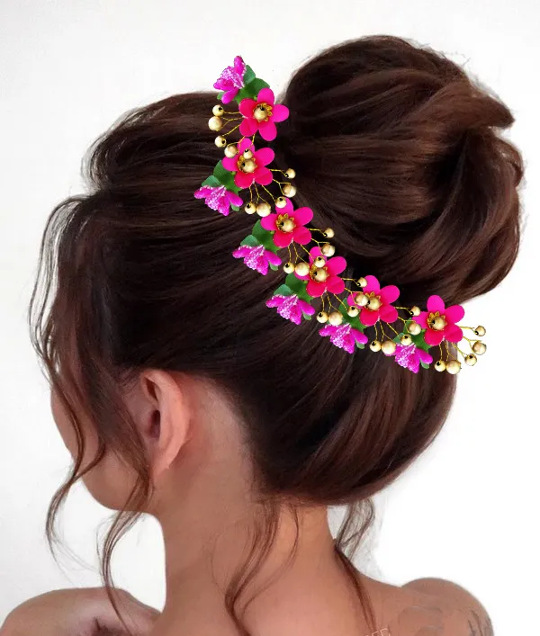 Pack_of_10_Dark_Pink_Round_Shape_Flower_With_Golden_Pearl_Hair_Pin_For_Women_Pins