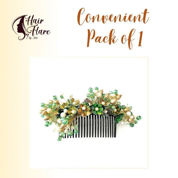 Green_Artificial_Small_Flower_Comb_Slide_With_Beads_&_Pearls_Bridal_Hairpin_Accessories_For_Women_&_Girls