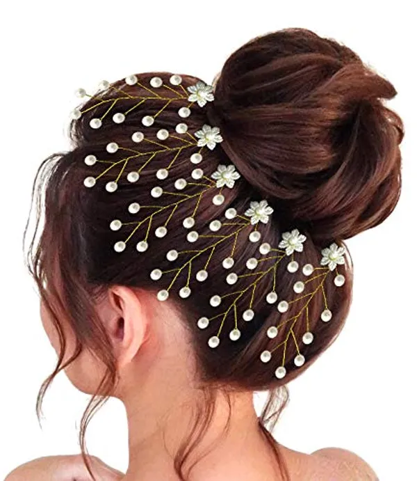 White_Artificial_Flower_And_Pearls_Hair_Pins_Accessories_For_Women_&_Girls
