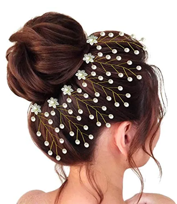 White_Artificial_Flower_And_Pearls_Hair_Pins_Accessories_For_Women_&_Girls