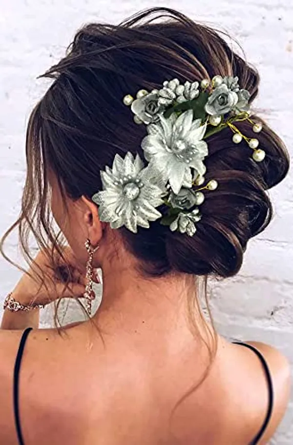 Silver_Artificial_Flower_With_Pearls_Hair_Pin_For_Women_&_Girls
