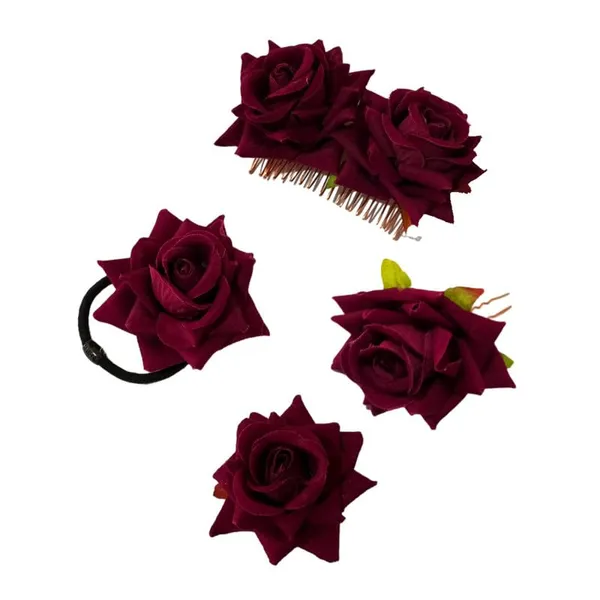 Maroon_Rose_Hair_Accessories_Rubber_Band,_Comb_Slide,_Hair_Clip,_Hair_Pin_Set