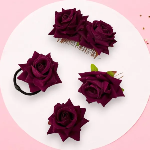 Maroon_Rose_Hair_Accessories_Rubber_Band,_Comb_Slide,_Hair_Clip,_Hair_Pin_Set