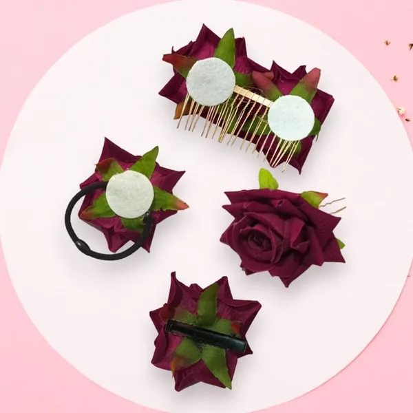 Maroon_Rose_Hair_Accessories_Rubber_Band,_Comb_Slide,_Hair_Clip,_Hair_Pin_Set