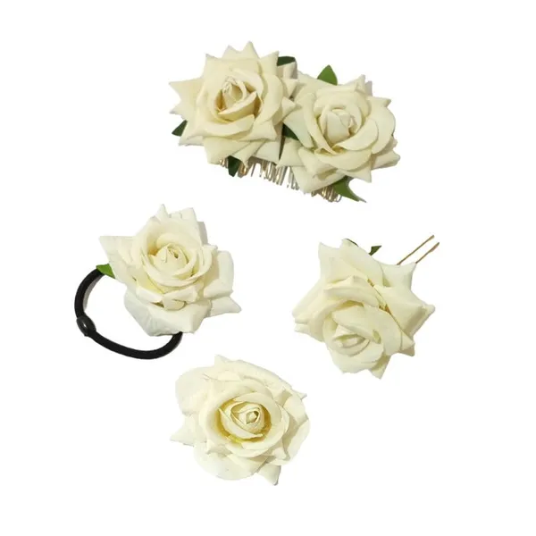 White_Rose_Hair_Accessories_Rubber_Band,_Comb_Slide,_Hair_Clip,_Hair_Pin_Set