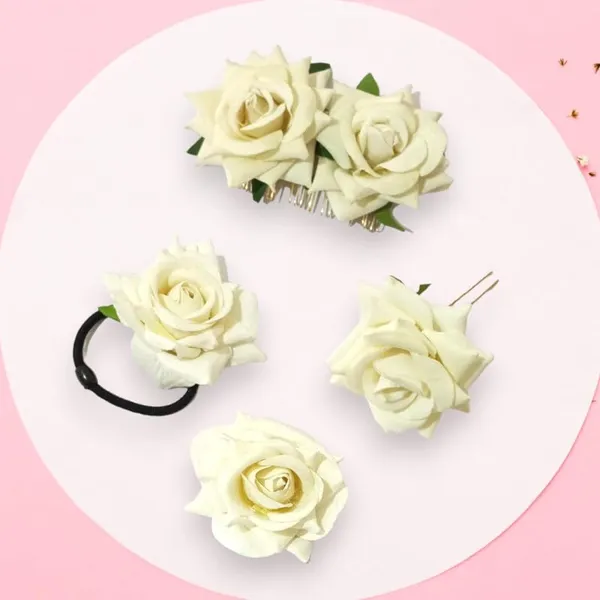 White_Rose_Hair_Accessories_Rubber_Band,_Comb_Slide,_Hair_Clip,_Hair_Pin_Set