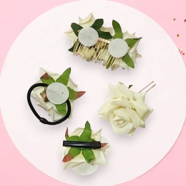 White_Rose_Hair_Accessories_Rubber_Band,_Comb_Slide,_Hair_Clip,_Hair_Pin_Set