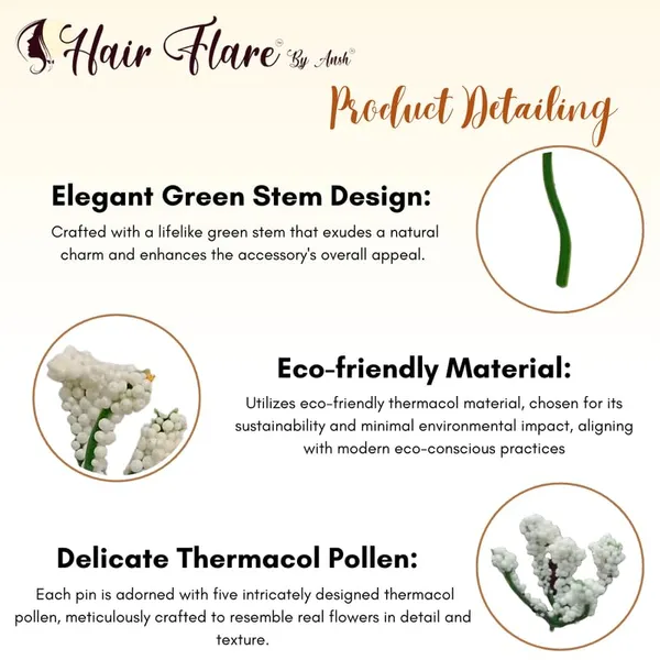 White_Green_Stem_Hair_Pin_With_Five_Thermacol_Pollen,_No_Clips_Needed