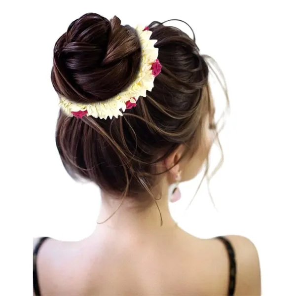 Pink_Mogra_Gajra_With_Rose_Artificial_Flowers_Scrunchies_Rubber_Band