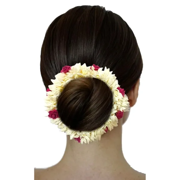 Pink_Mogra_Gajra_With_Rose_Artificial_Flowers_Scrunchies_Rubber_Band