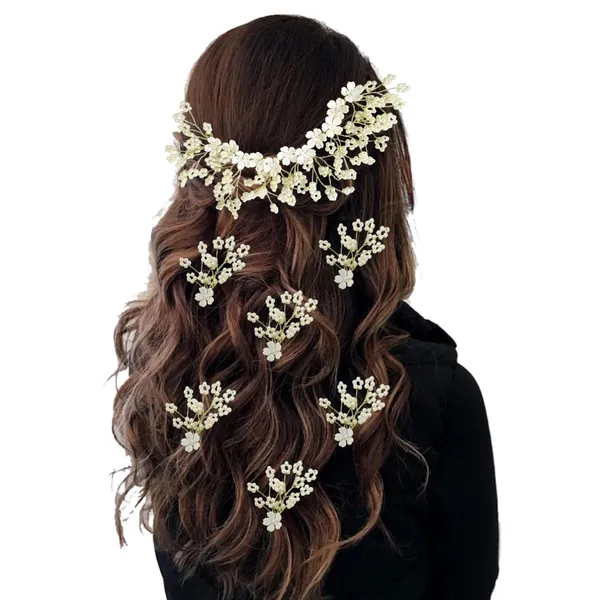 White_Artificial_Floral_Bridal_Brooch_&_Hair_Pin_(1_Hair_Vein_And_6_Pins)