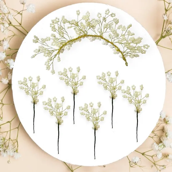 White_Artificial_Floral_Bridal_Brooch_&_Hair_Pin_(1_Hair_Vein_And_6_Pins)