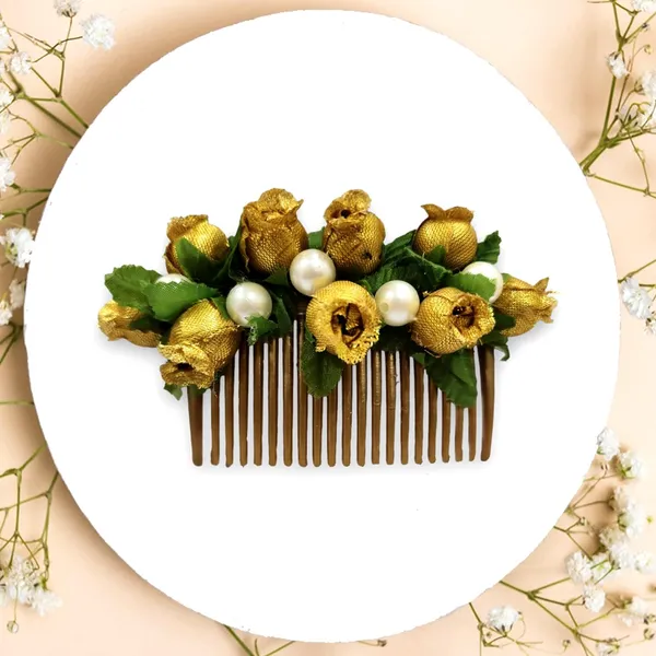 Golden_Artificial_Floral_Bridal_Brooch_&_Hair_Pin_Comb_(16_X_14_X_10_Cm)