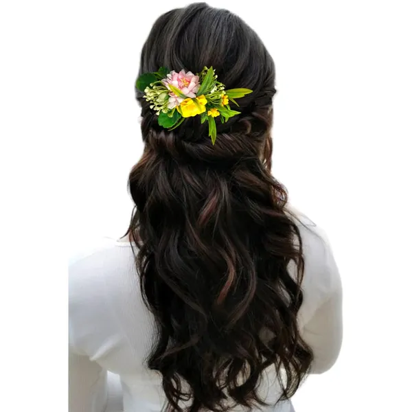 Baby_Pink_&_Yellow_Flower_Leaves_Comb_Slide_Hair_Accessories_For_Women_&_Girls
