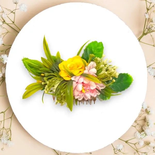 Baby_Pink_&_Yellow_Flower_Leaves_Comb_Slide_Hair_Accessories_For_Women_&_Girls