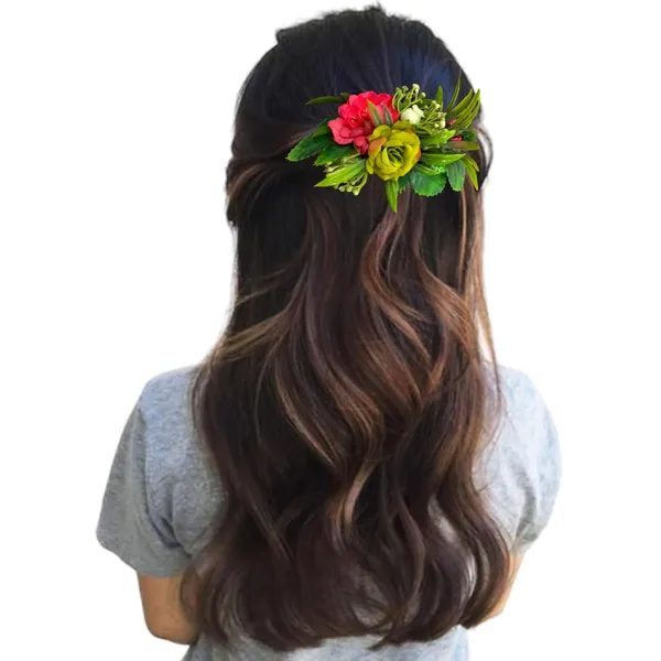 Dark_Pink_&_Green_Flower_Leaves_Comb_Slide_Hair_Accessories_For_Women_&_Girls