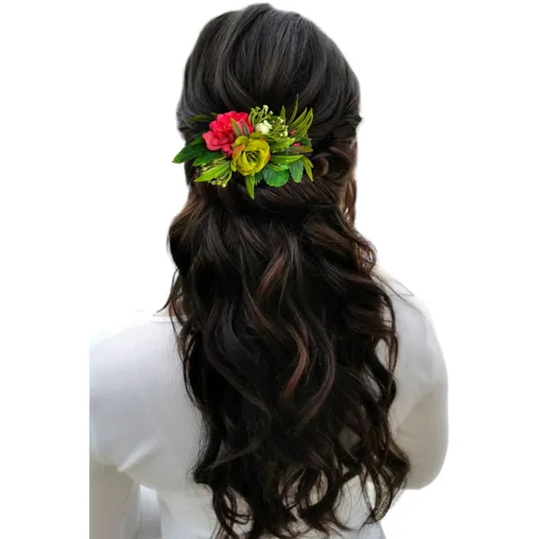 Dark_Pink_&_Green_Flower_Leaves_Comb_Slide_Hair_Accessories_For_Women_&_Girls