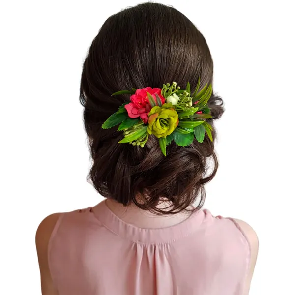Dark_Pink_&_Green_Flower_Leaves_Comb_Slide_Hair_Accessories_For_Women_&_Girls