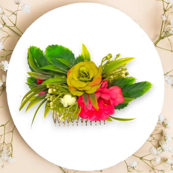 Dark_Pink_&_Green_Flower_Leaves_Comb_Slide_Hair_Accessories_For_Women_&_Girls